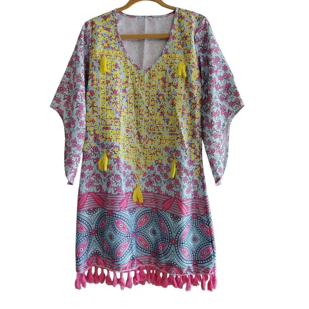 Mislook Tunic Boho Vibrant Eclectri Floral Tassels Fringe Pink Coastal Fairy Cow - Picture 1 of 11
